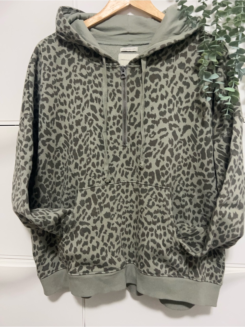 American Eagle Olive Leopard Zip-Up Hoodie